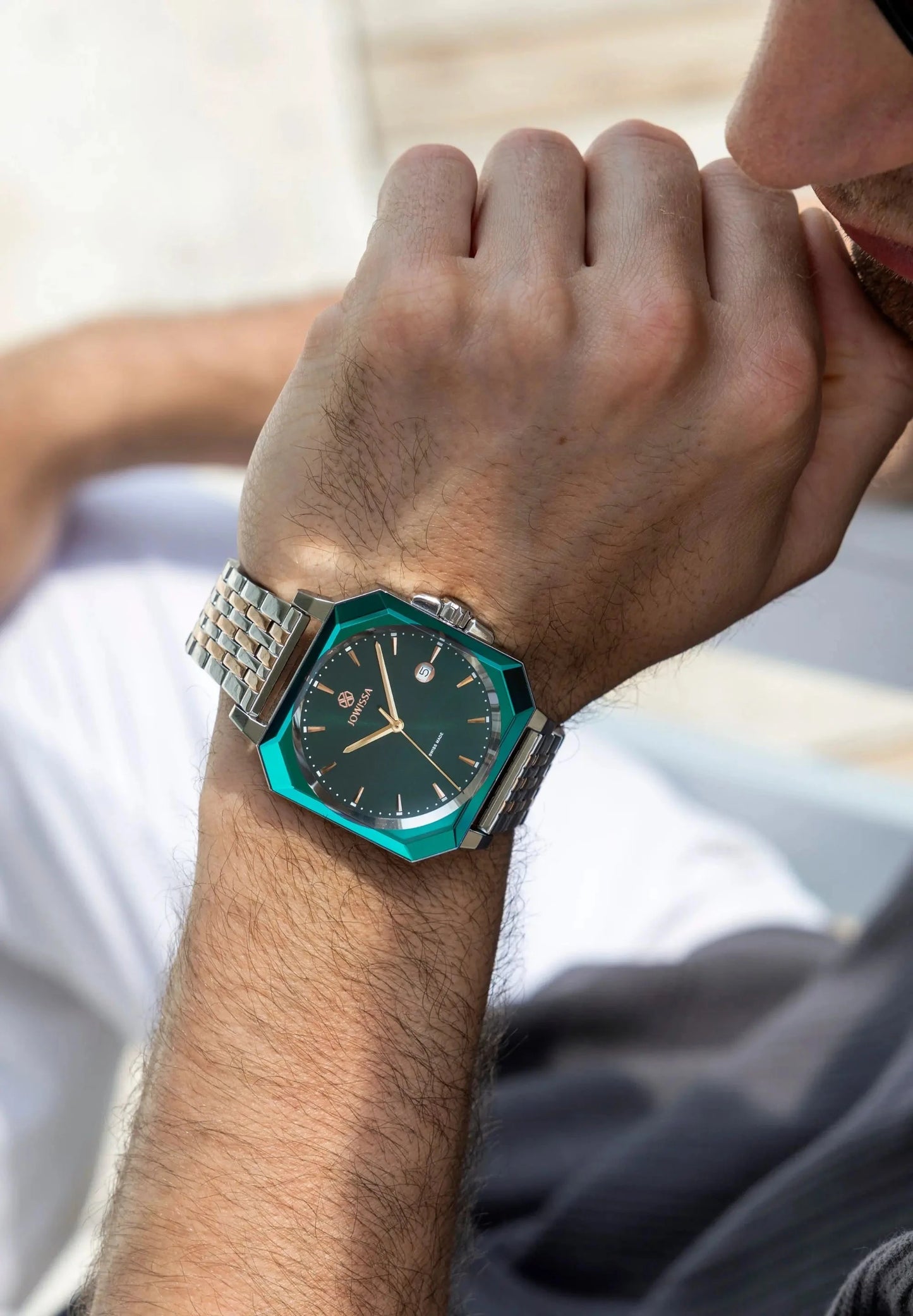 Trendy green timepiece. Octagonal case, 40mm, green sunray dial and bicolor bracelet. Modern watch for men by Jowissa. All Swiss Made.