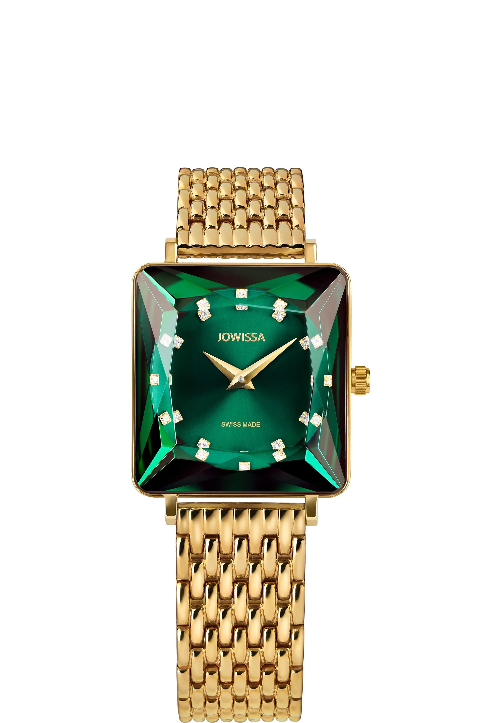 Facet Princess Cut Green Crystal Square Watch for Women Golden