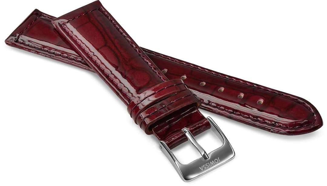 Front View of 18mm Bordeaux / Silver Glossy Croco Watch Strap E3.1460.L by Jowissa
