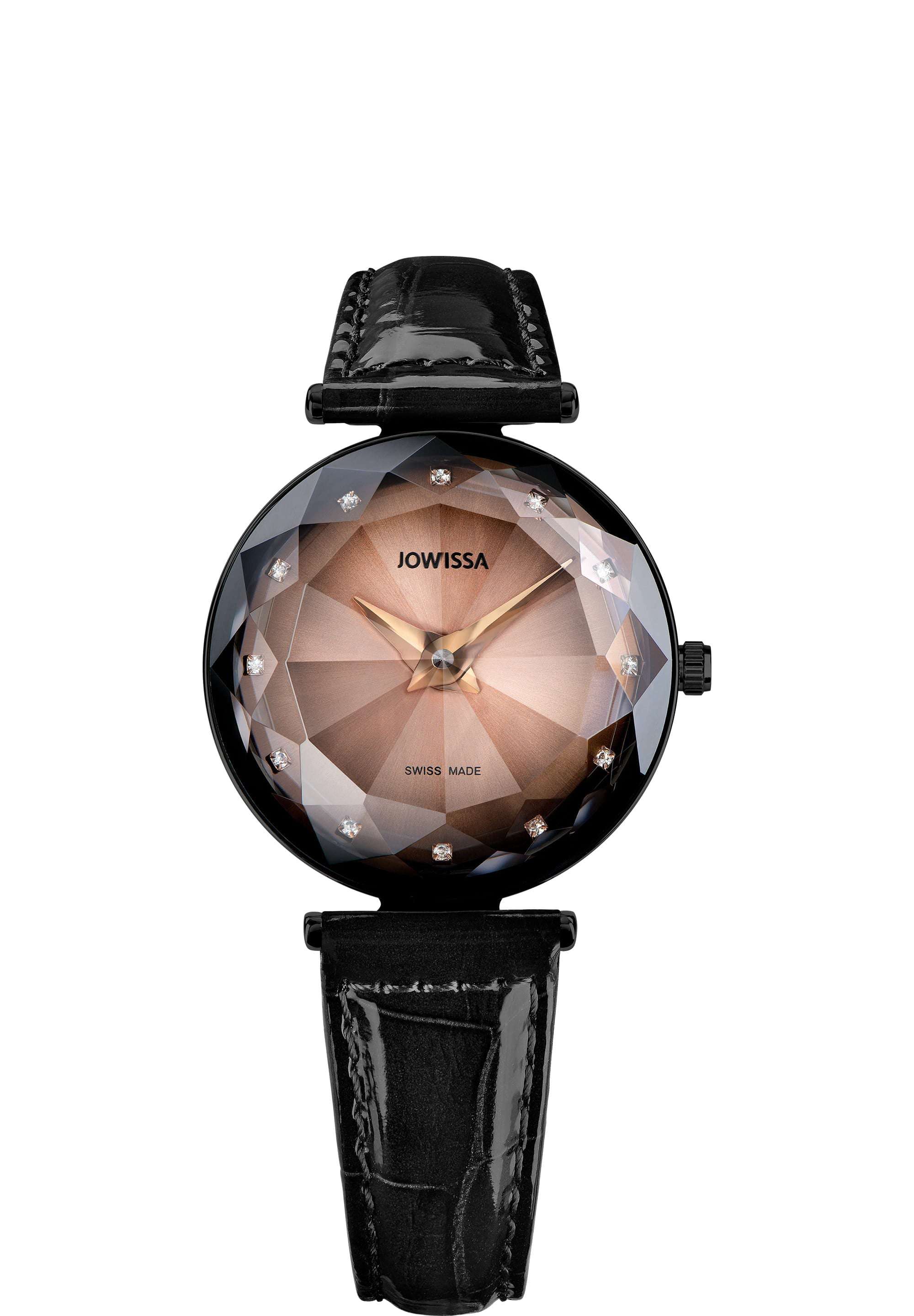Magic Sapphire Salmon Dial Black Leather Women's Dress Watch Diamond Crystal 30mm Swiss Made J1.814.M