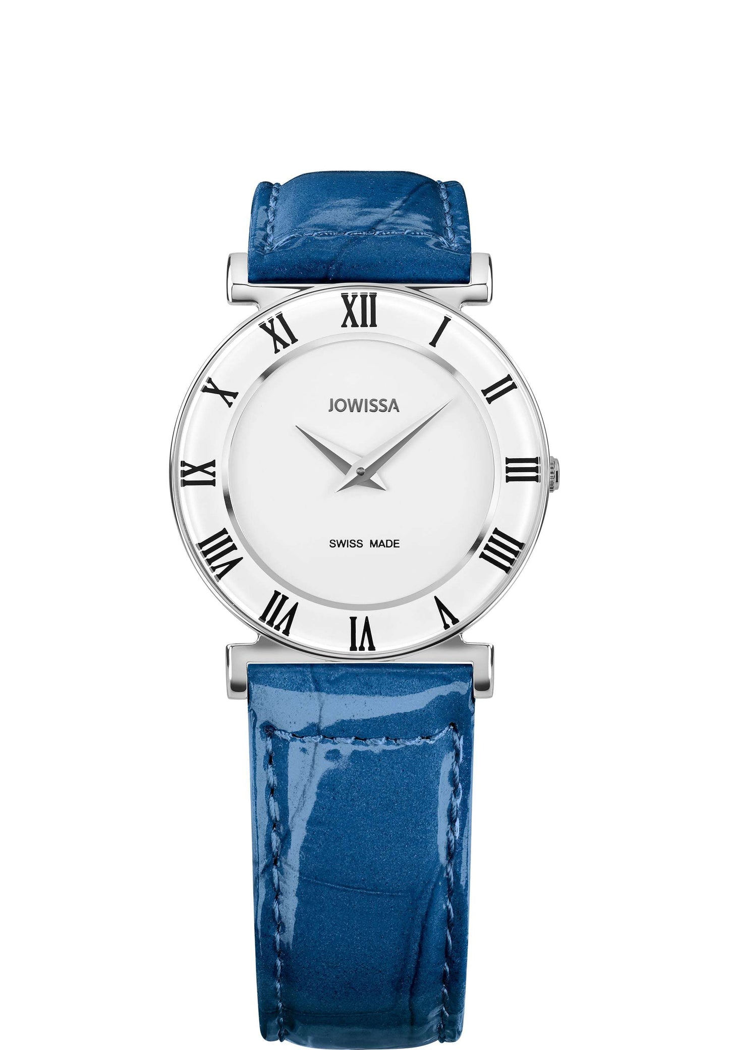 Swiss womens watch with blue leather strap and white dial - all swiss made watch for ladies