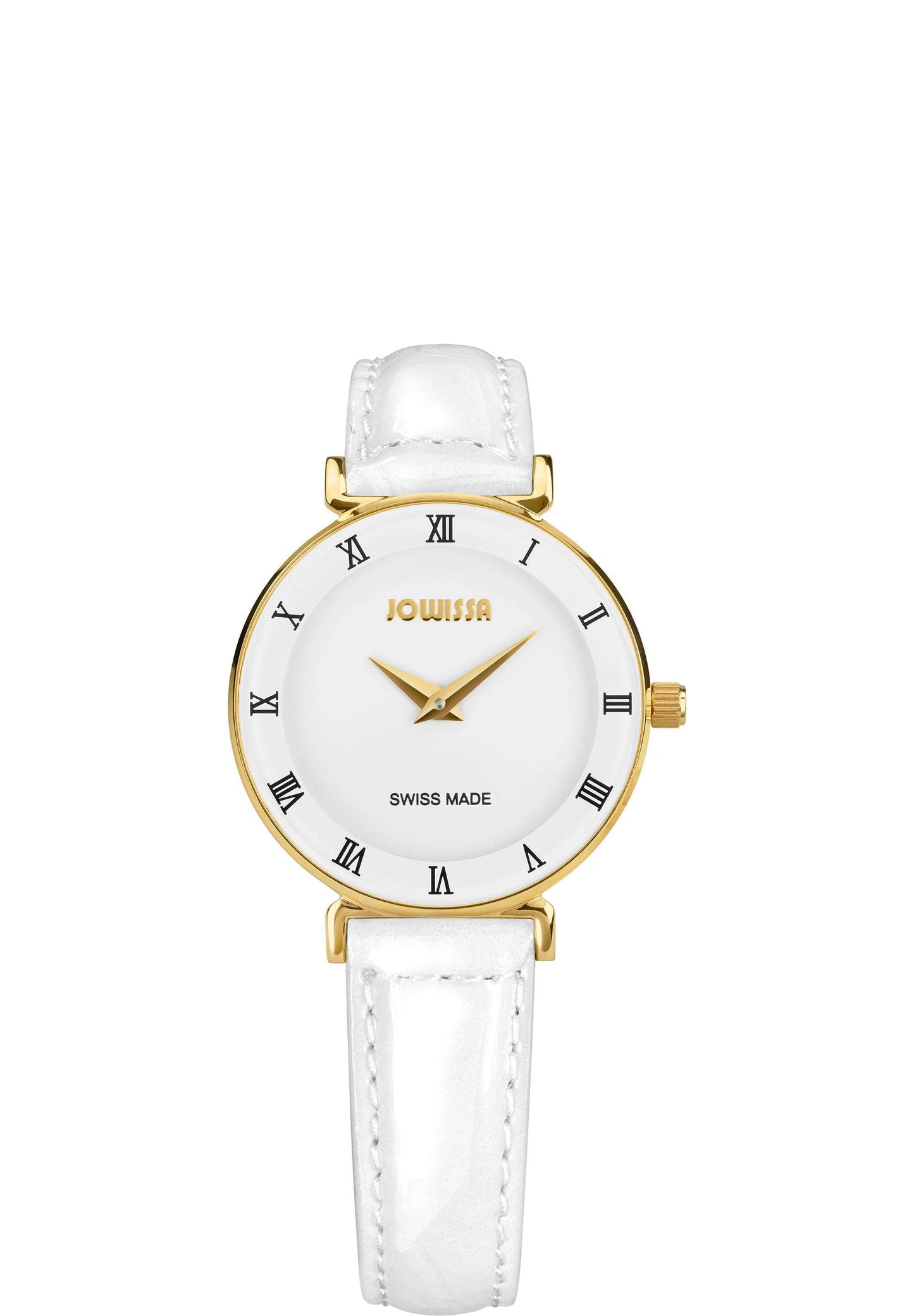 J2.027.S swiss ladies watch - with white leather strap and white dial with gold details in the front - all swiss made