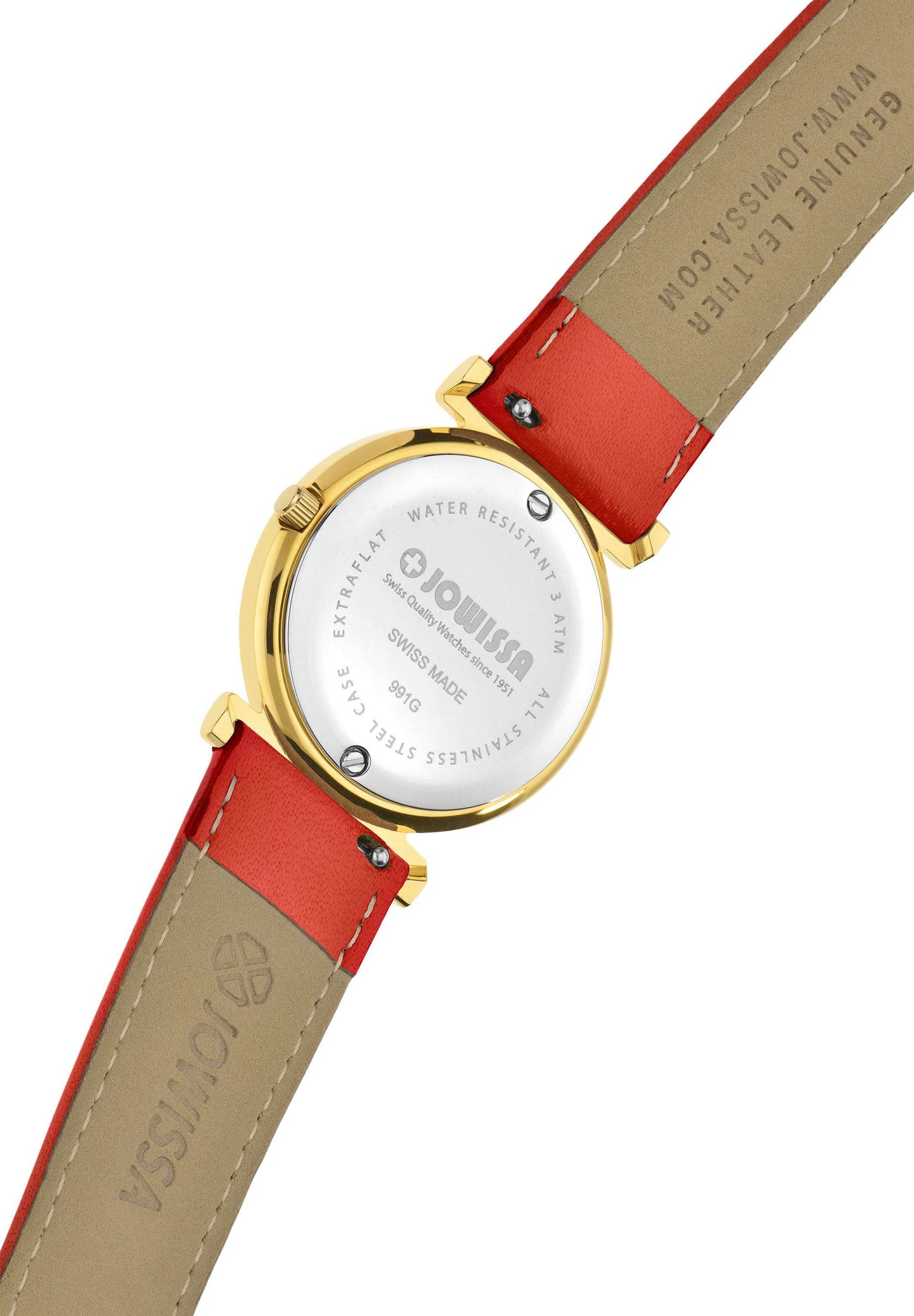 J2.036.M Back View of Swiss Womens Watch Roma Ethno with red leather band and edelweiss and alpine mountain rose stiching, white dial and roman numerals, gold case in 30mm size.