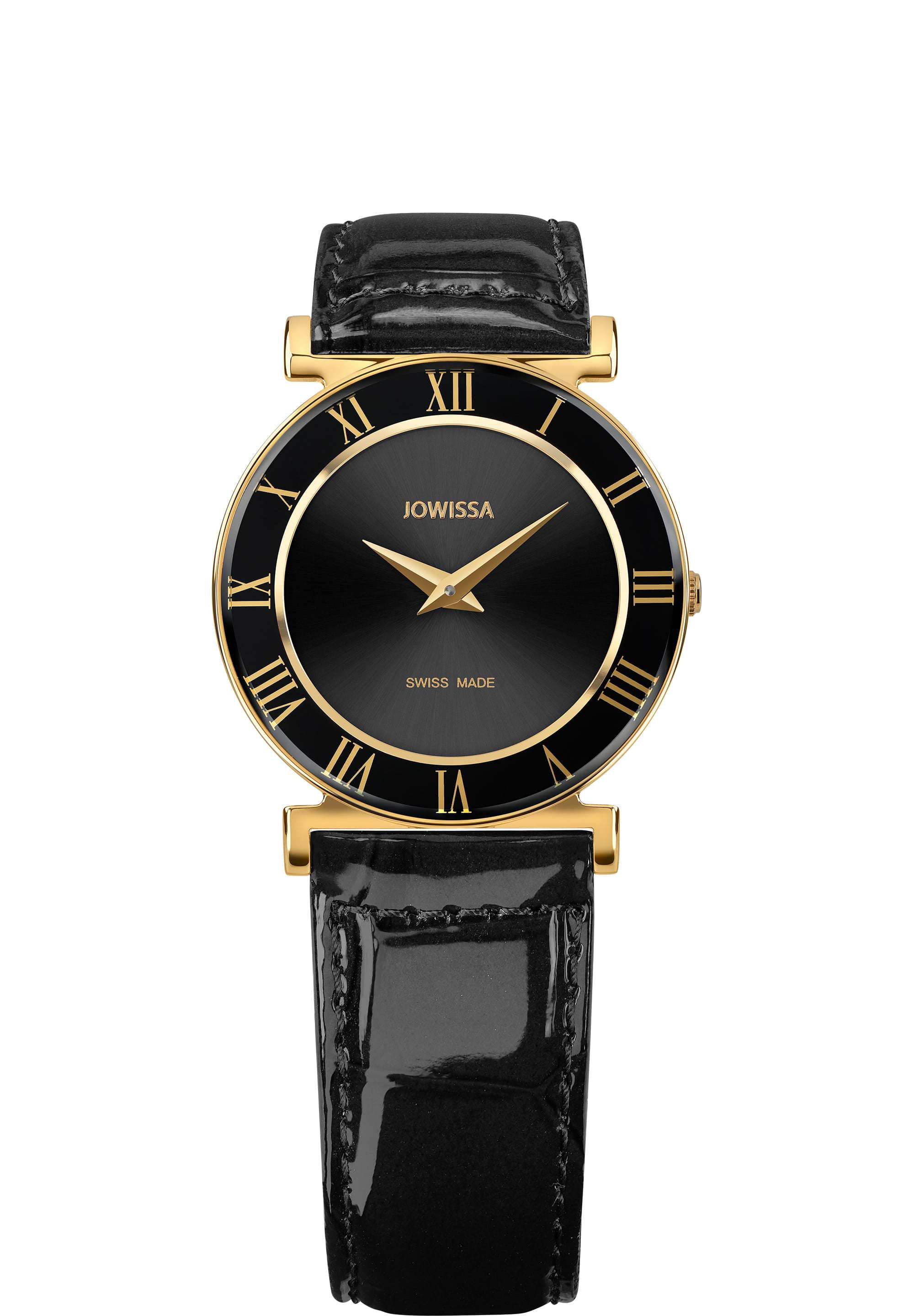 Roma Golden Black Roman Numeral Women's Dress Watch Gloss Leather Band 30mm Swiss Made J2.039.M Roma Golden Black Roman Numeral Women's Dress Watch Gloss Leather Band 30mm Swiss Made J2.039.M
