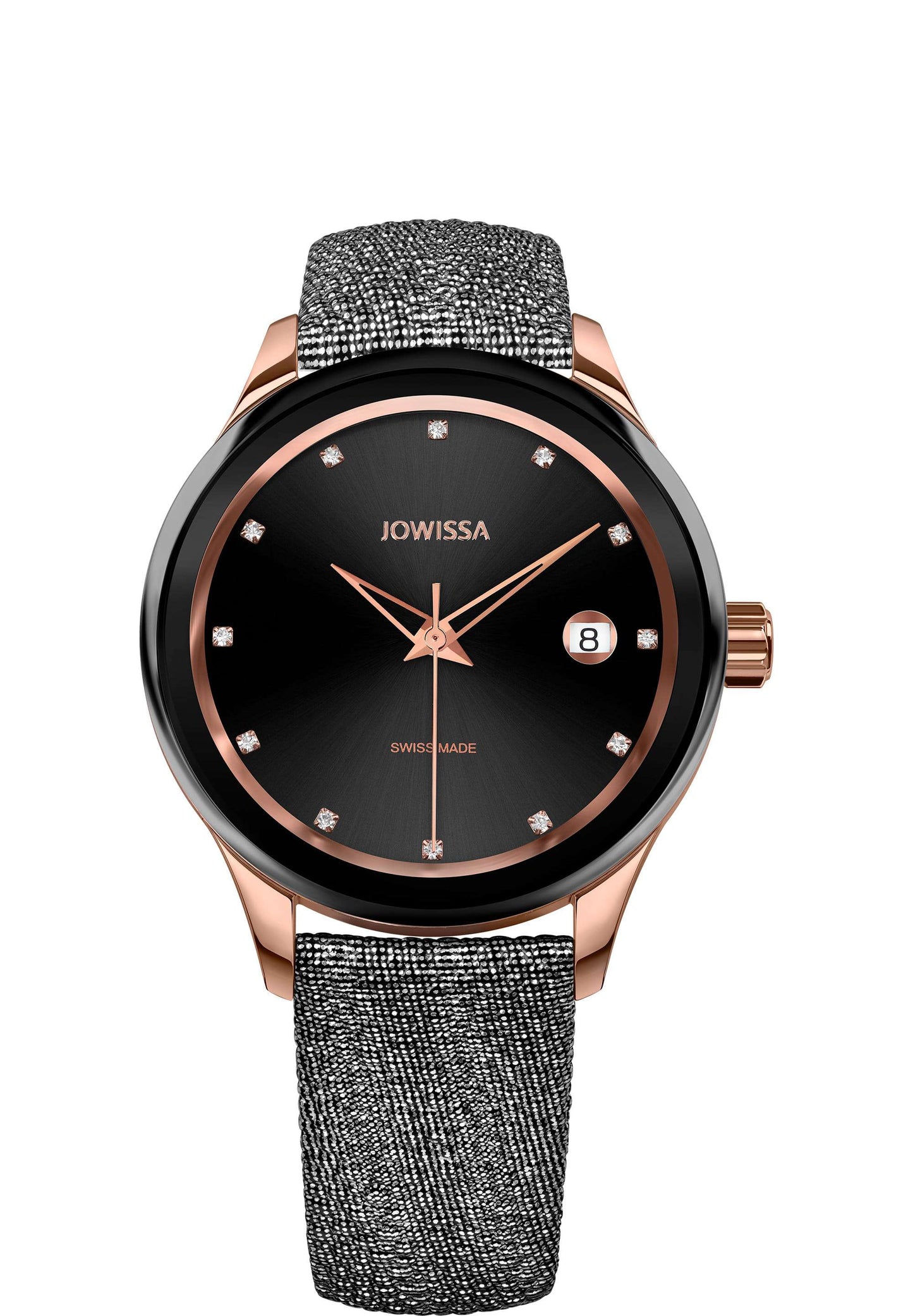 This watch has a sleek design with a black sunray dial and rose-gold accents. The dial includes crystal hour markers - watch made for ladies