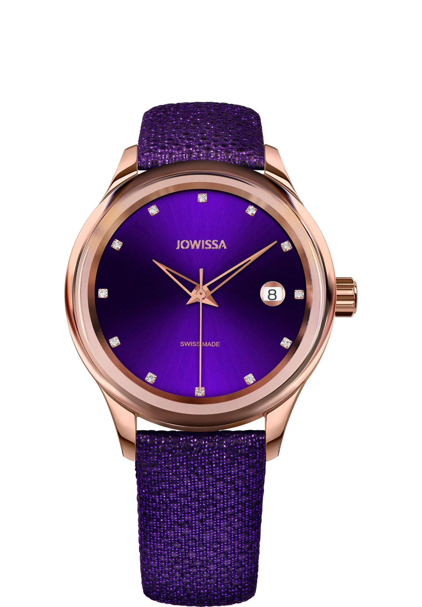 J4.362.M womens watch features a stainless steel case, a dial with 12 rhinestone markers, and Dauphine-style hands. The watch has a durable tempered mineral glass with an integrated beze. Water-resistant up to 5 ATM, this Swiss-made timepiece is available in a rose and purple color combination, offering both style and reliability.