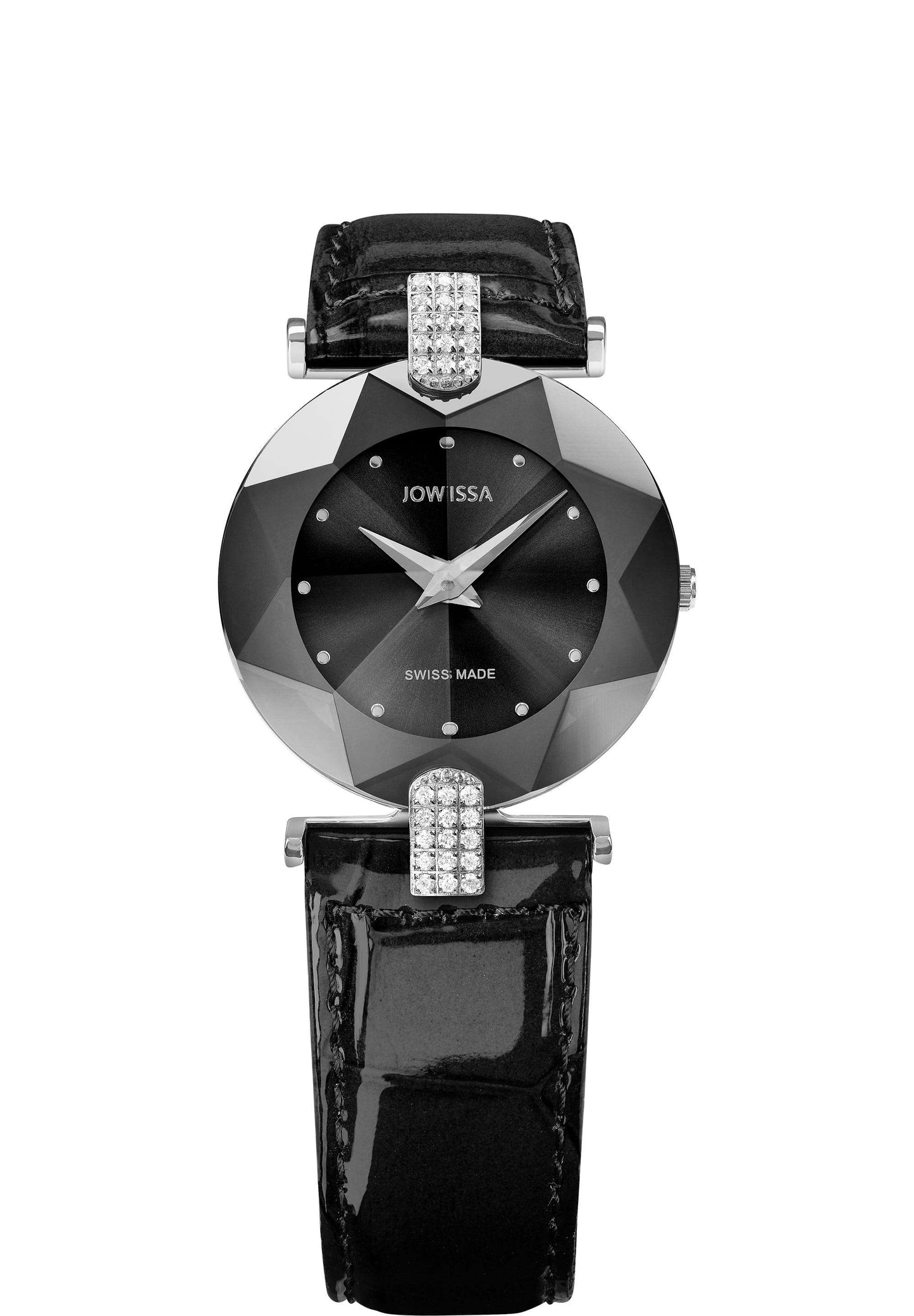 Black swiss watch for women - has a black leather strap and silver details in the front - the watch is all swiss made for ladies