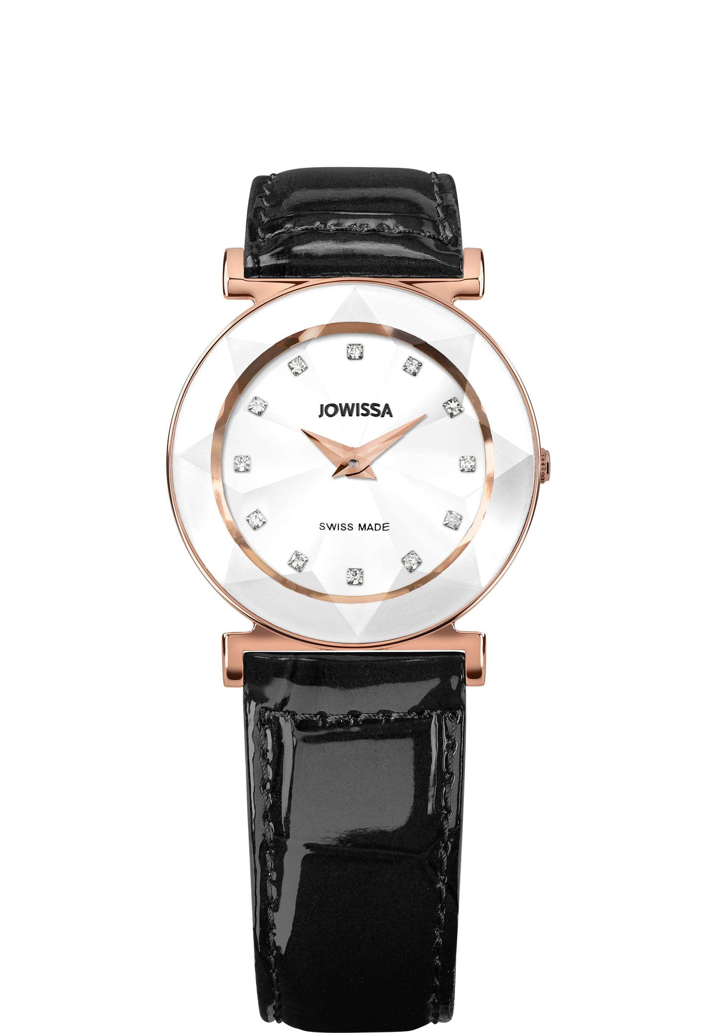 Ladies watch with black leather strap white dial and gold details in the front - all swiss made for women
