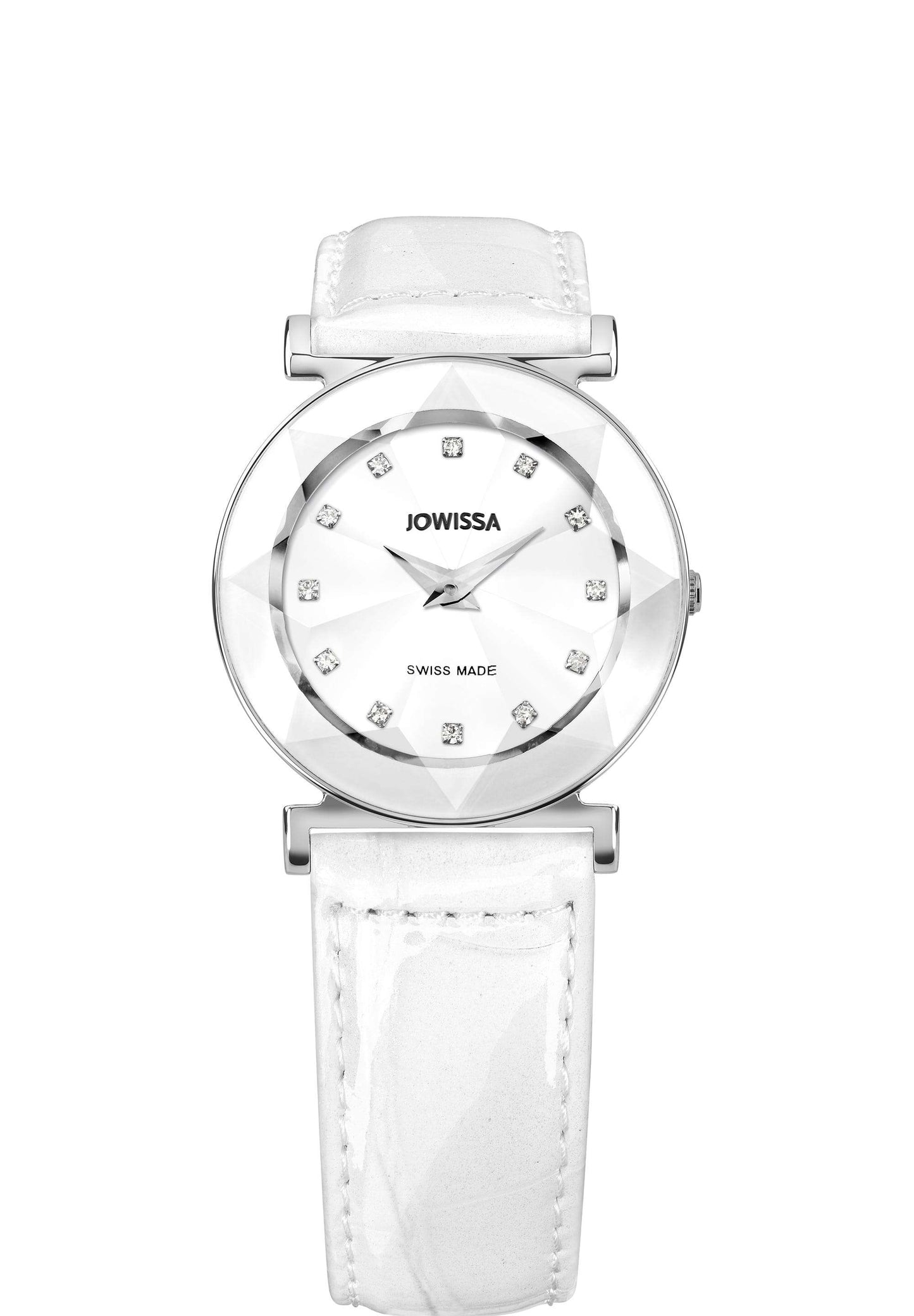 White facet watch for ladies - with white leather strap and silver details in the front - all swiss made watch for ladies