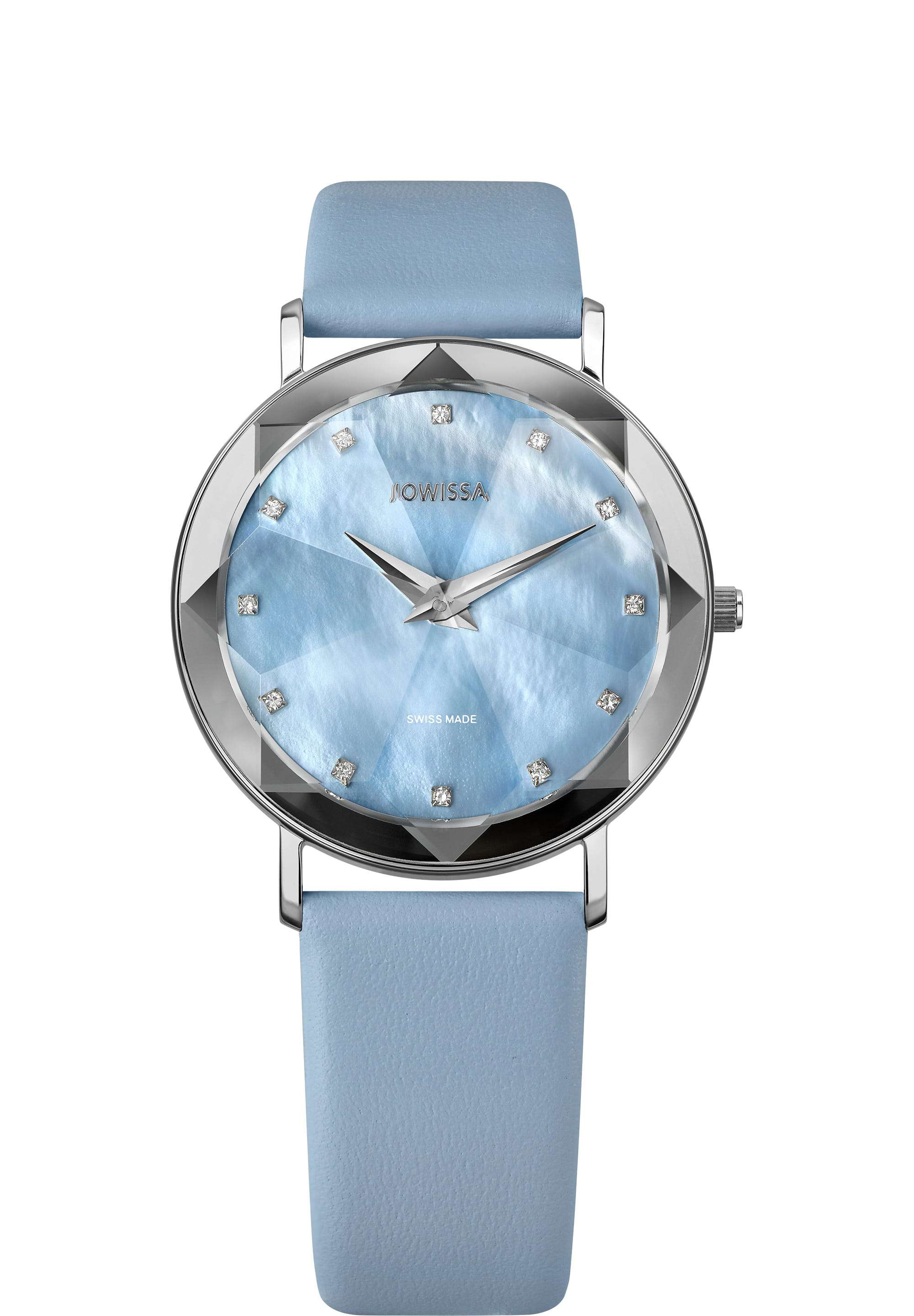 Facet Elegant Light Blue Dial Leather Ladies' Dress Watch 35mm Swiss Made J5.604.L Facet Elegant Light Blue Dial Leather Ladies' Dress Watch 35mm Swiss Made J5.604.L