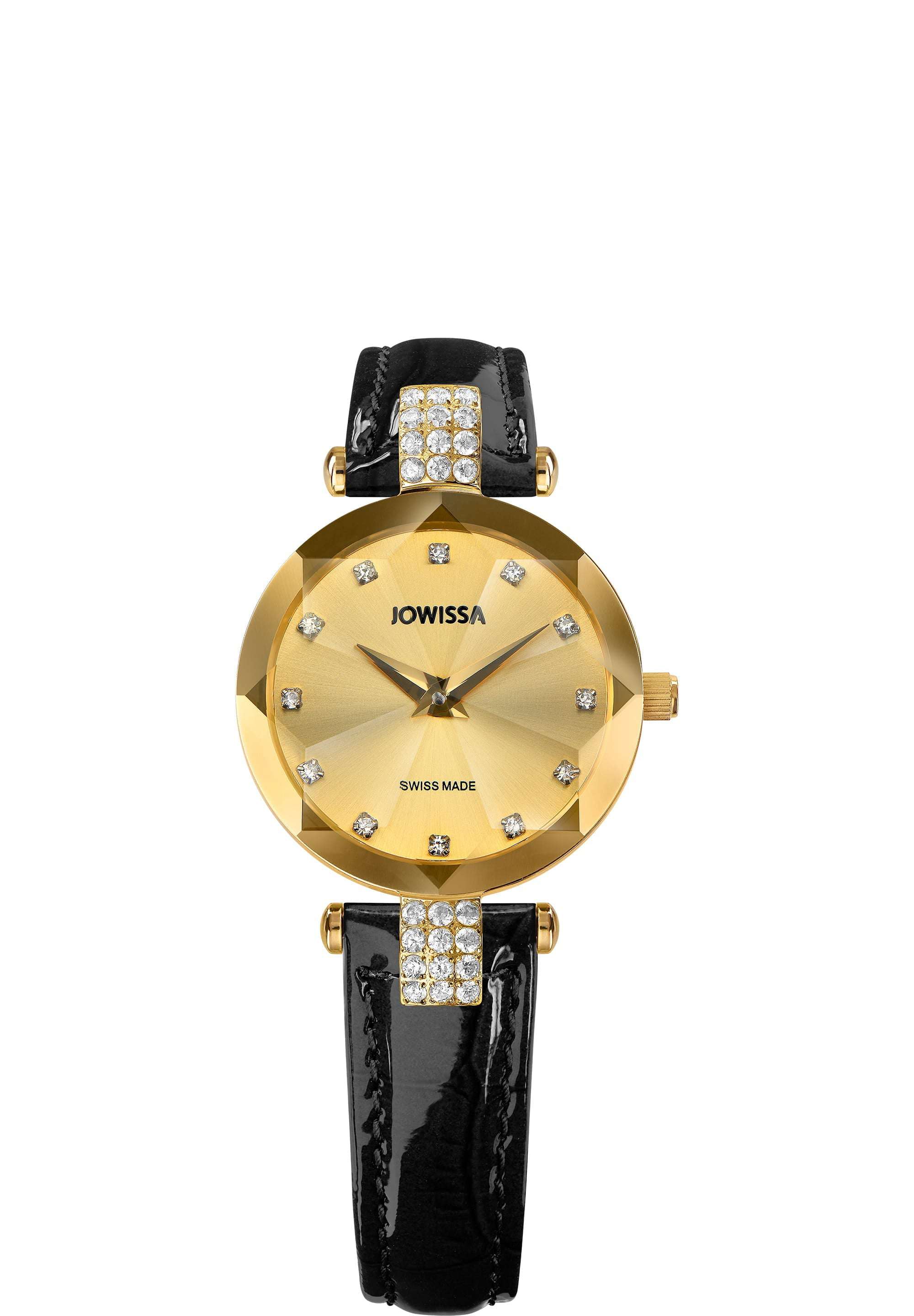 Facet Strass Diamond Cut Cocktail Watch for Women Gold Dial Black Leather Band 25mm Swiss Made J5.615.S Facet Strass Diamond Cut Cocktail Watch for Women Gold Dial Black Leather Band 25mm Swiss Made J5.615.S