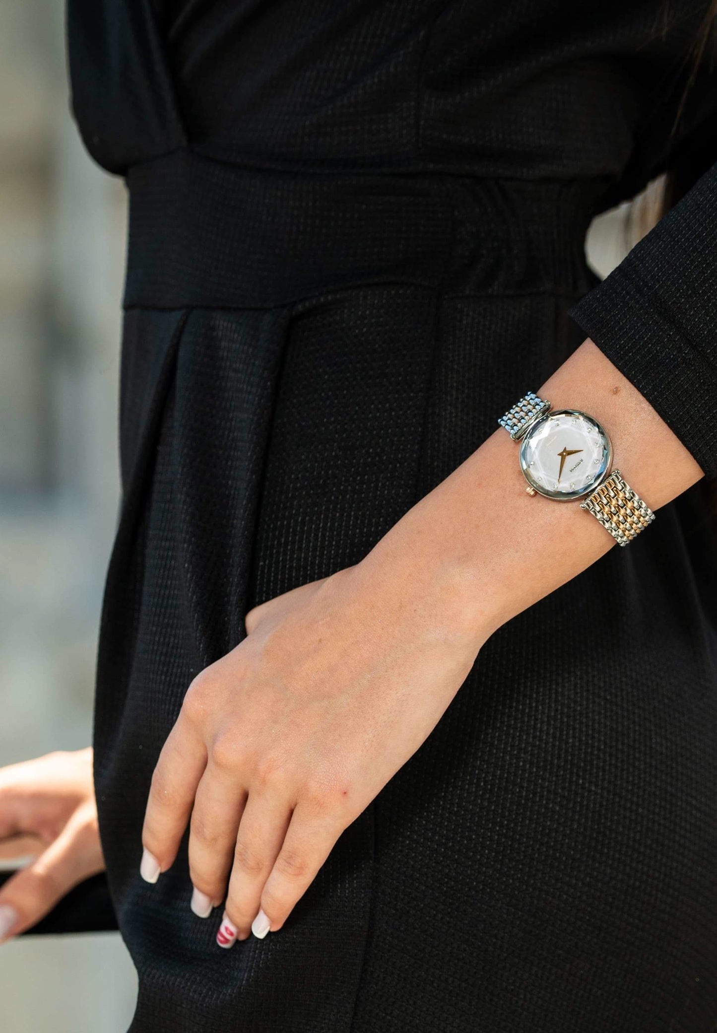 Silver and gold swiss watch for ladies - all swiss made watch for women with silver and gold details in the strap and light pink dial