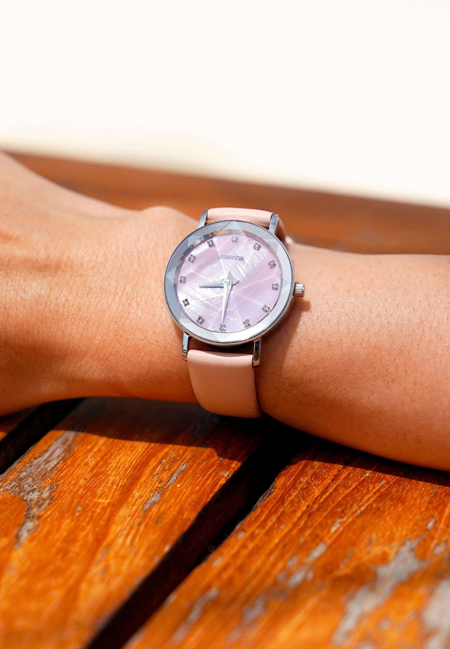 Beige facet watch for ladies - with nude details strap and pink dial with silver details - all swiss made watch for women