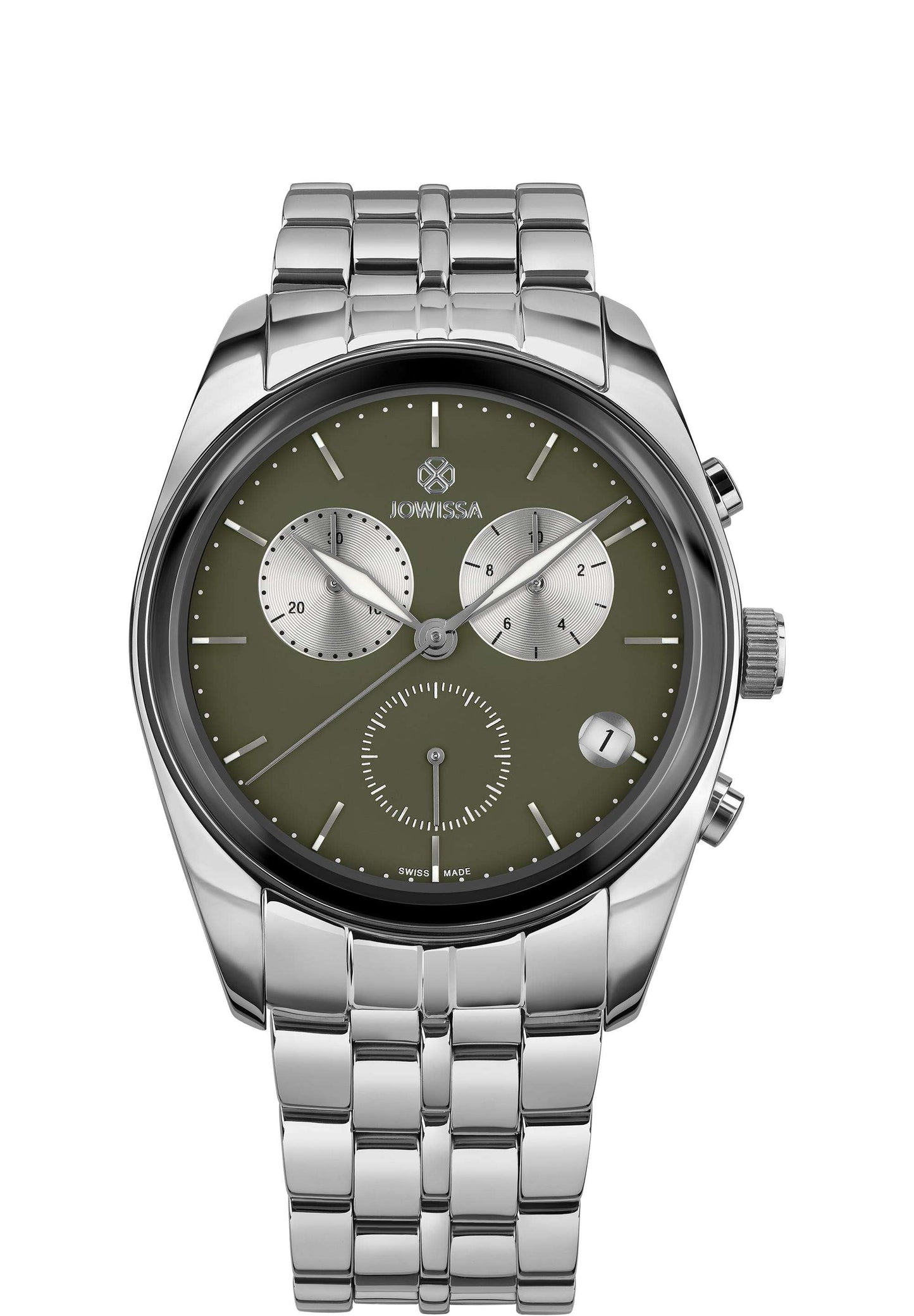 Silver swiss watch for men - has silver strap and green dial - all swiss made watch for men