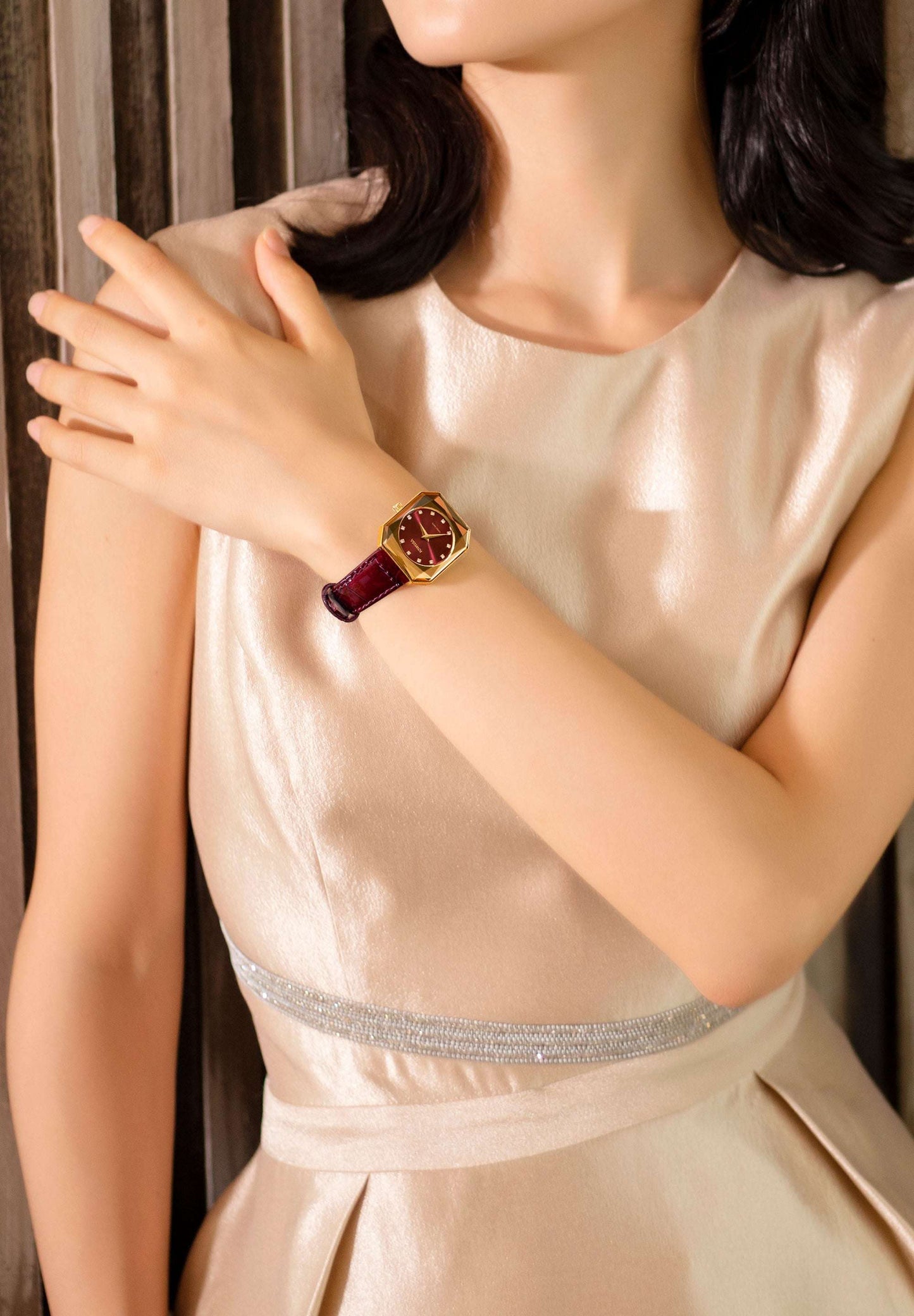 Red swiss watch for women - with red strap and dial with gold details in the front - all swiss made watch for ladies
