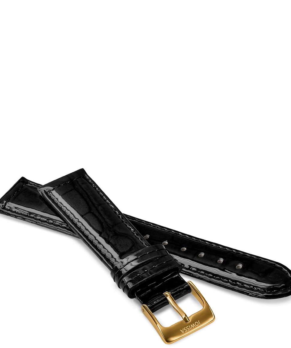 Front View of 18mm Black / Gold Glossy Croco Watch Strap E3.1439.L by Jowissa