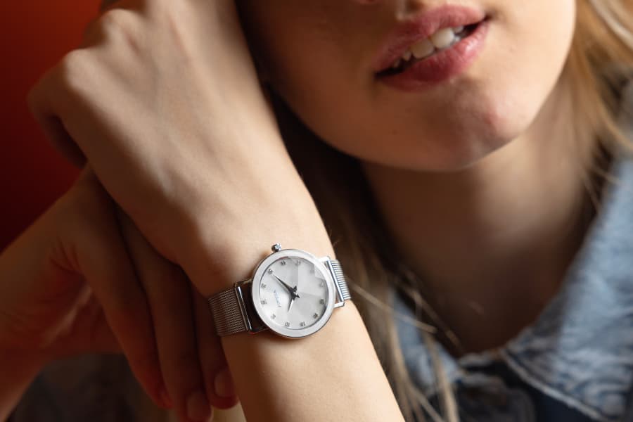 Jowissa Facet womens watch in silver and white with a white mother of pearl dial and a stainless steel bracelet.