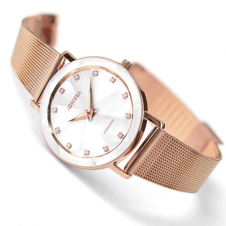 A facetted Jowissa ladie's watch on a white background, with a white dial and a rosegolden bracelet