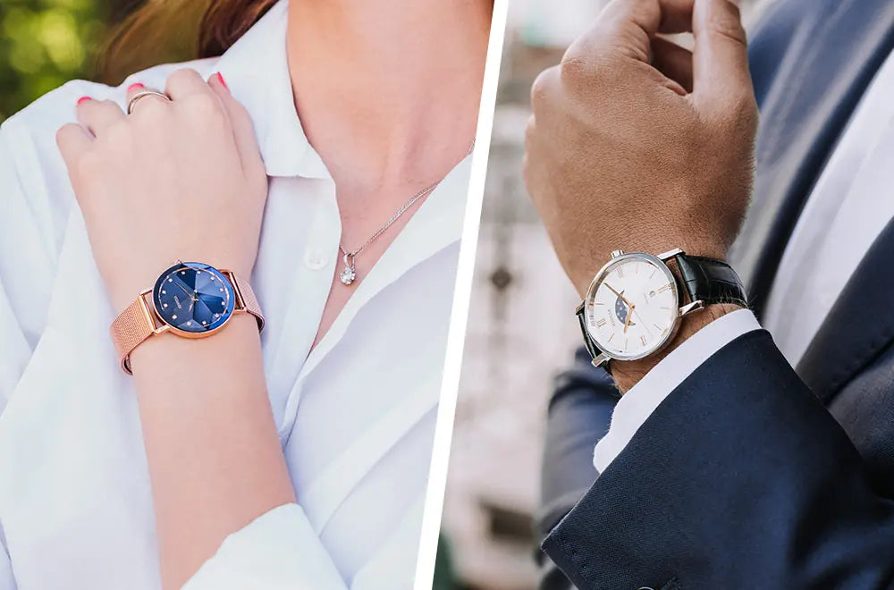 Woman and man wearing elegant Jowissa Swiss Made dress watches with blue and silver dials