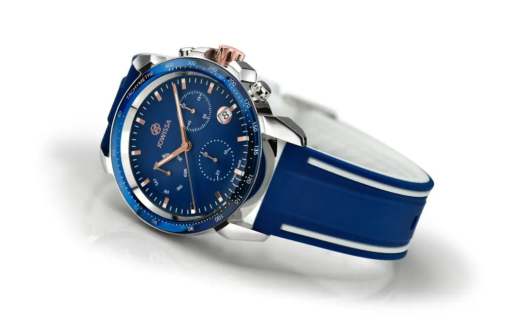 Swiss Chronograph LeWy 9 with blue dial and blue Silicone Band by Jowissa. Swiss Made.