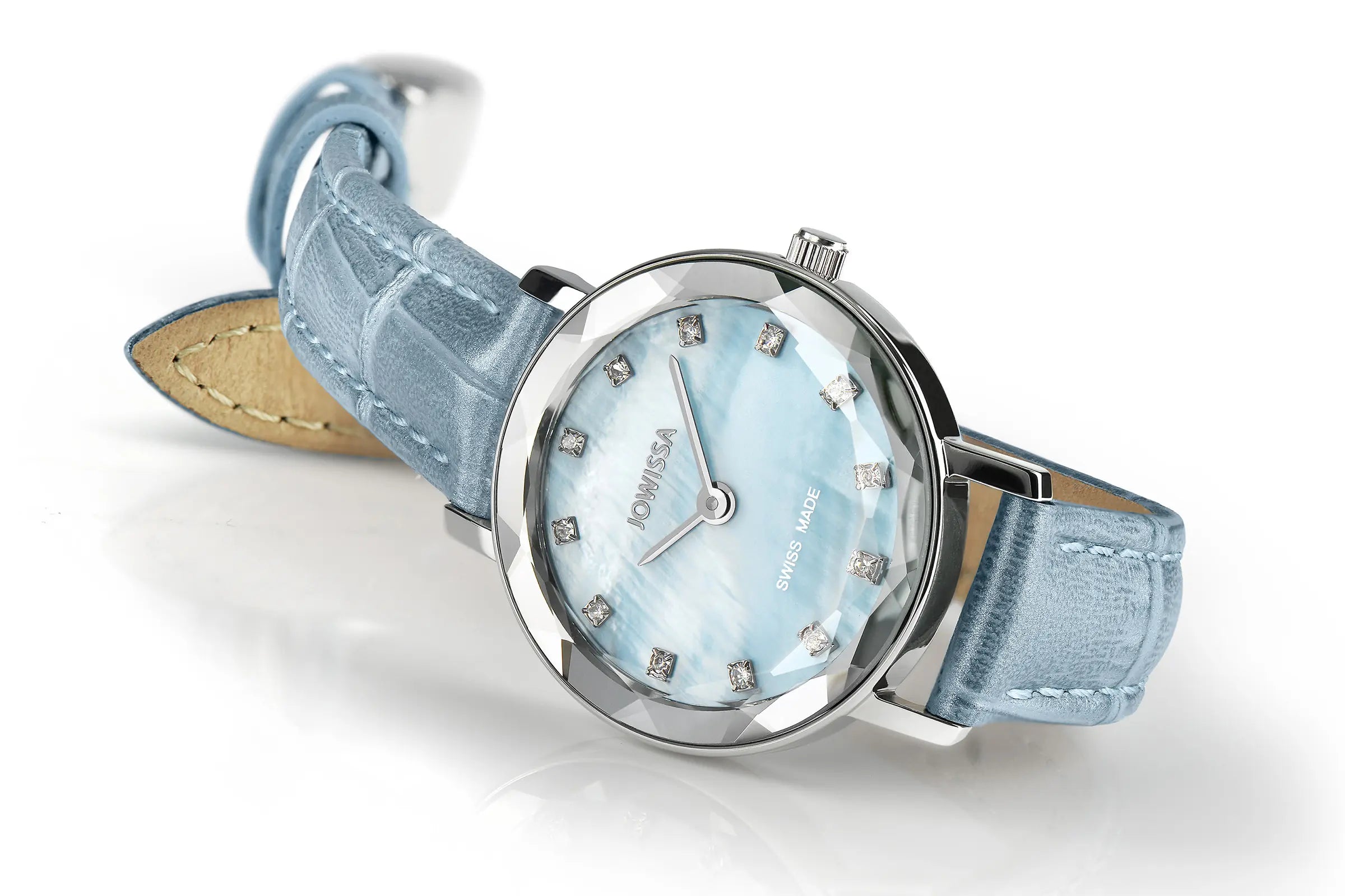 Jowissa Aura Swiss Women's Watch: Ice Blue Mother of Pearl Dial with Faceted Glass and Light Blue Leather Band.