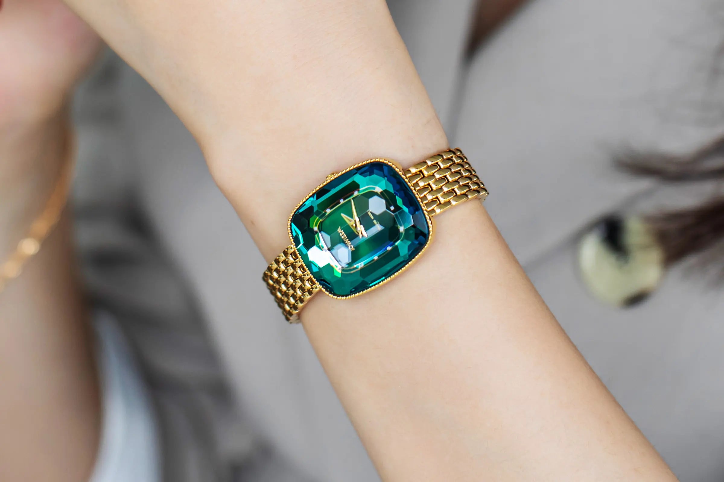 Green Women's Watch: Jowissa Facet Bee (Square Case) with Green Dial and 12mm Gold Mesh Bracelet.