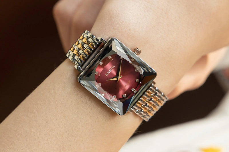 Rectangular Ladies Watch by Jowissa Facet Princess with red Dial and bicolor bracelet