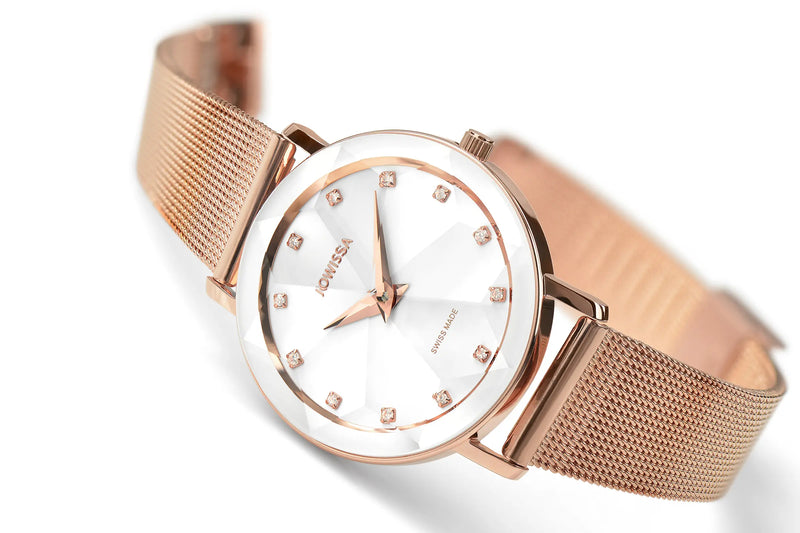 Stylish Swiss Watches for Women: Jowissa Facet Strass with Gold Dial and Sparking Rhinestone Accents.