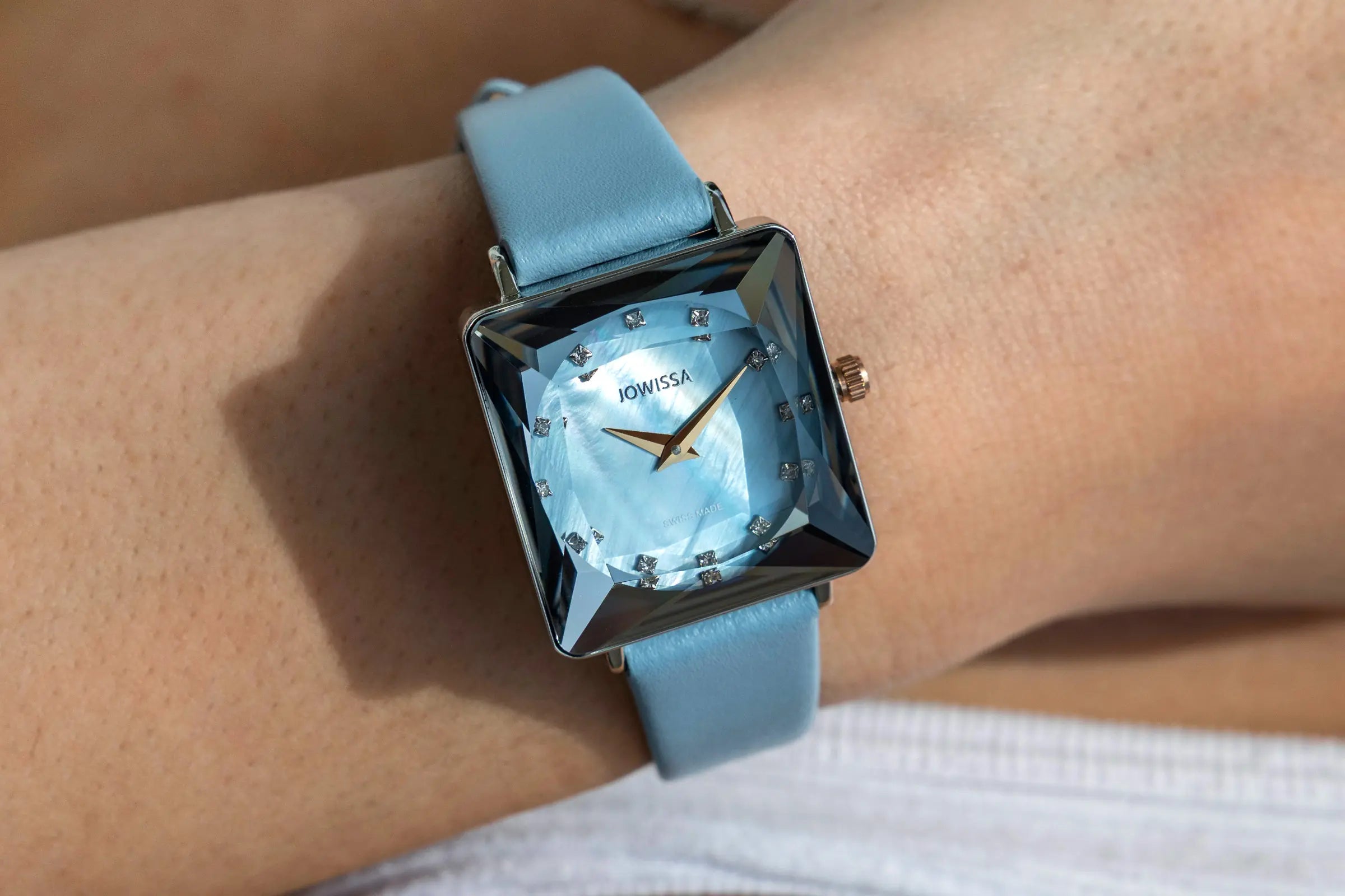 Square Watches for Women: Jowissa Facet Princess with Ice Blue Dial and Light Blue Leather Strap.