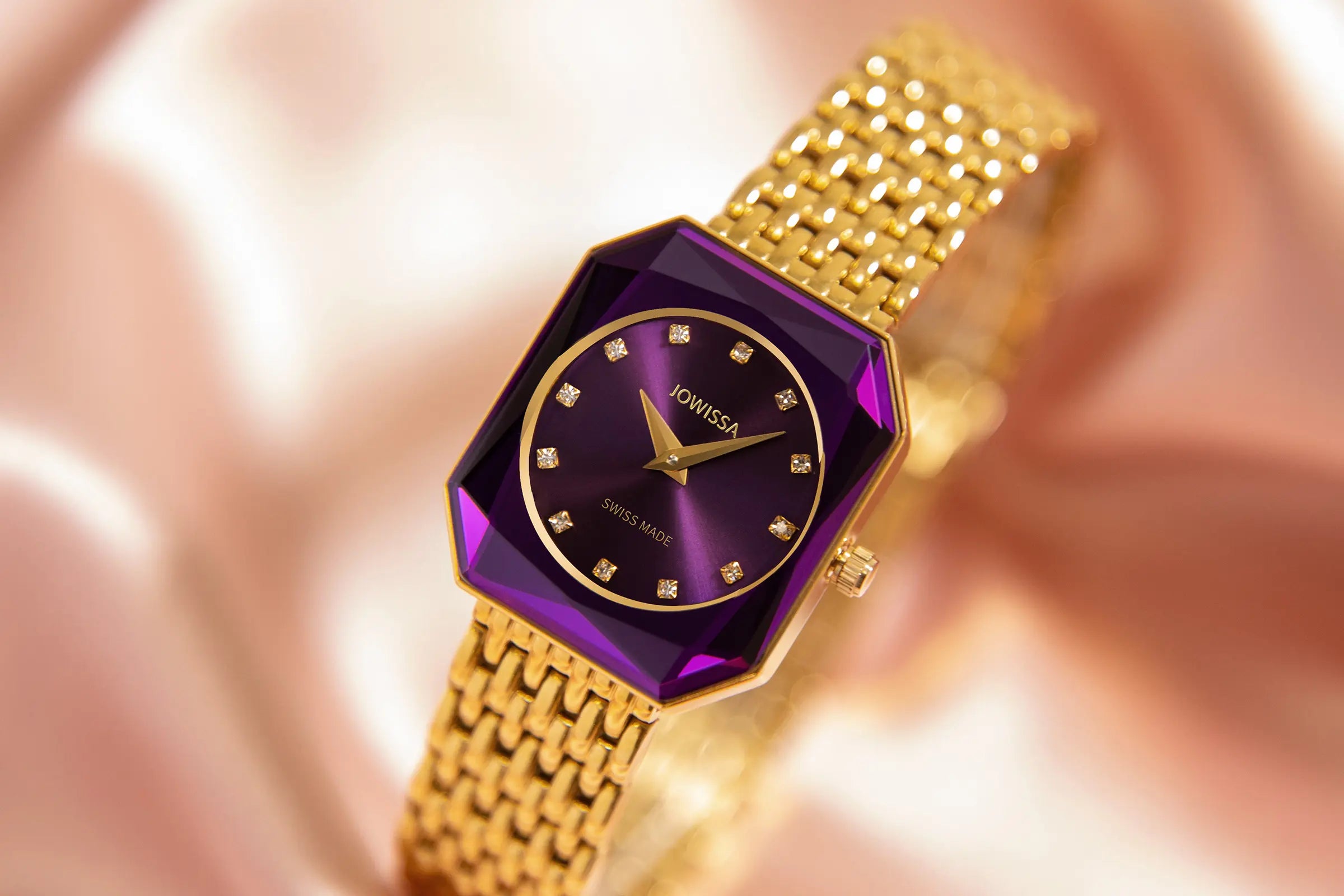 Women's Purple Swiss Watches: Jowissa Facet Radiant with Amethyst-Tone Dial and Purple Leather Strap.
