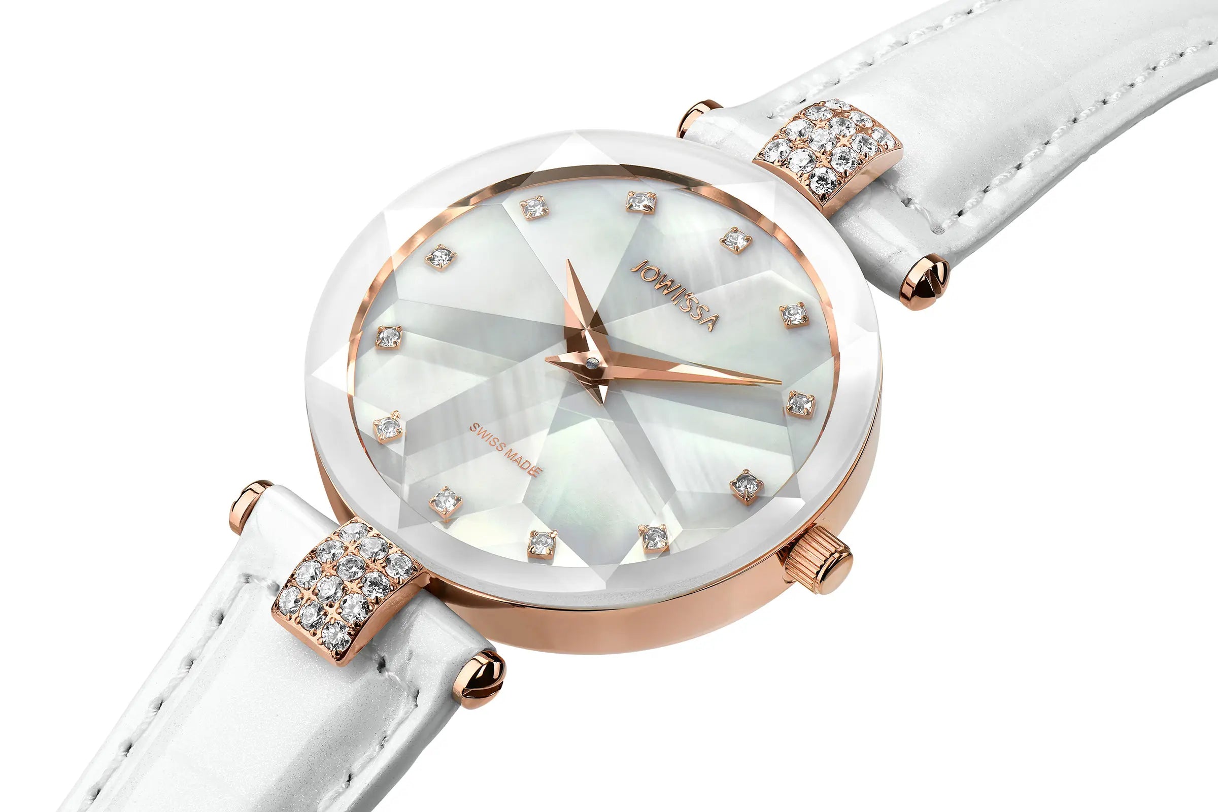 Jowissa Mother of Pearl Swiss Watches: Iridescent Shell Dials with Faceted Crystal for Women.