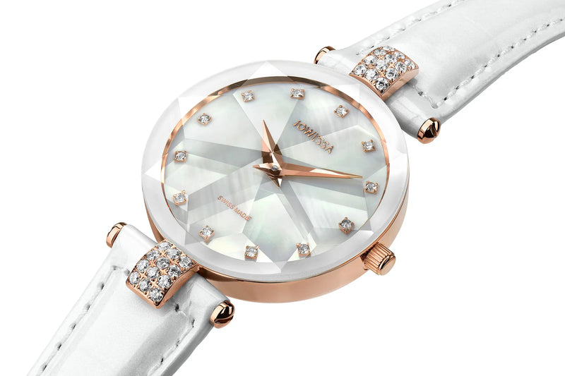 White Ladies Watch with white Leather Band and white dial, Mother of Pearl. Swiss Made by Jowissa