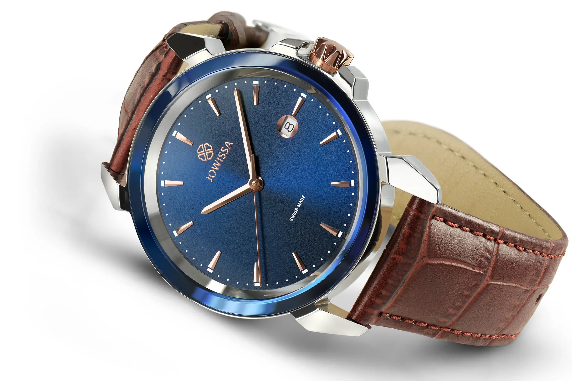 Jowissa LeWy 3 Men's Swiss Watch: Blue Sunray Dial with Faceted Glass and Black Alligator Leather Strap.