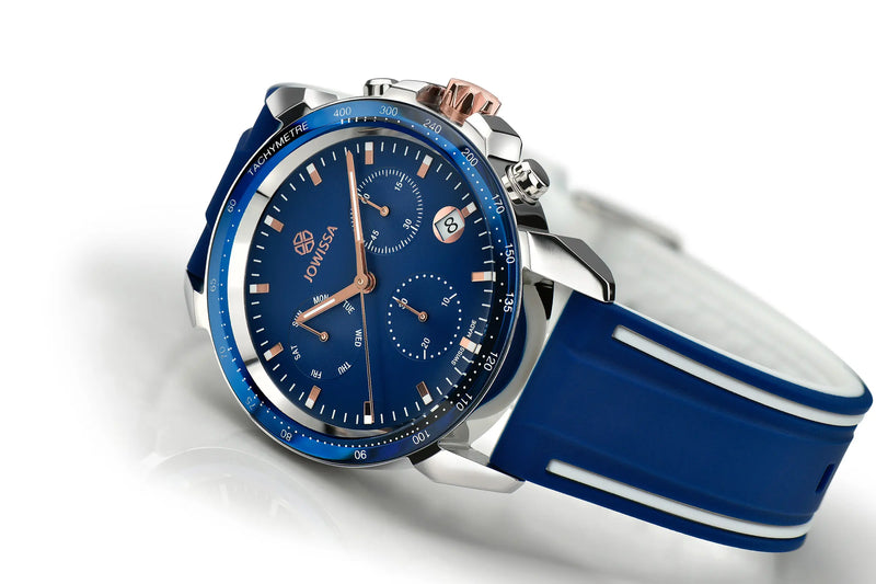 Swiss Made Watches for Men Chronograph LeWy 9 with blue dial, blue bezel and rose gold hands. Made by Jowissa