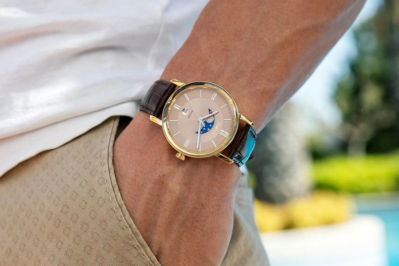 Moon Phase Watch for Men with reliable Swiss Quartz movement and champagne dial by Jowissa. All Swiss Made.
