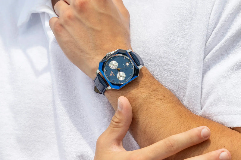 Jowissa Octa 6 Men's Chronograph: 10 ATM Water Resistant Blue Dial Watch with Rose Gold Accents.