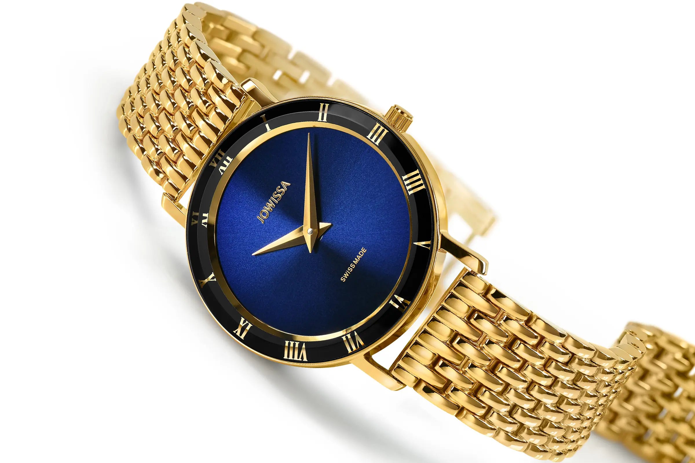 Blue Dial Women's Watch: Jowissa Facet Strass with Blue Leather Band and Gold Case (Swiss Made).