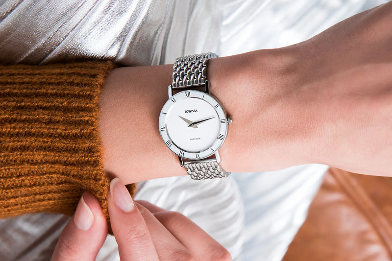 Roman Numeral Watch Roma by Jowissa. White dial and stainless steel watch bracelet. Black Roman numerals on white bezel.