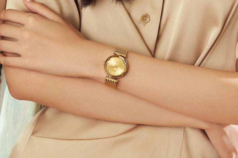 Womens Automatic Watch Safira 12 by Jowissa. Swiss Made with Green Dial, gold case and gold bracelet. Back view of Automatic Movment with Rotor