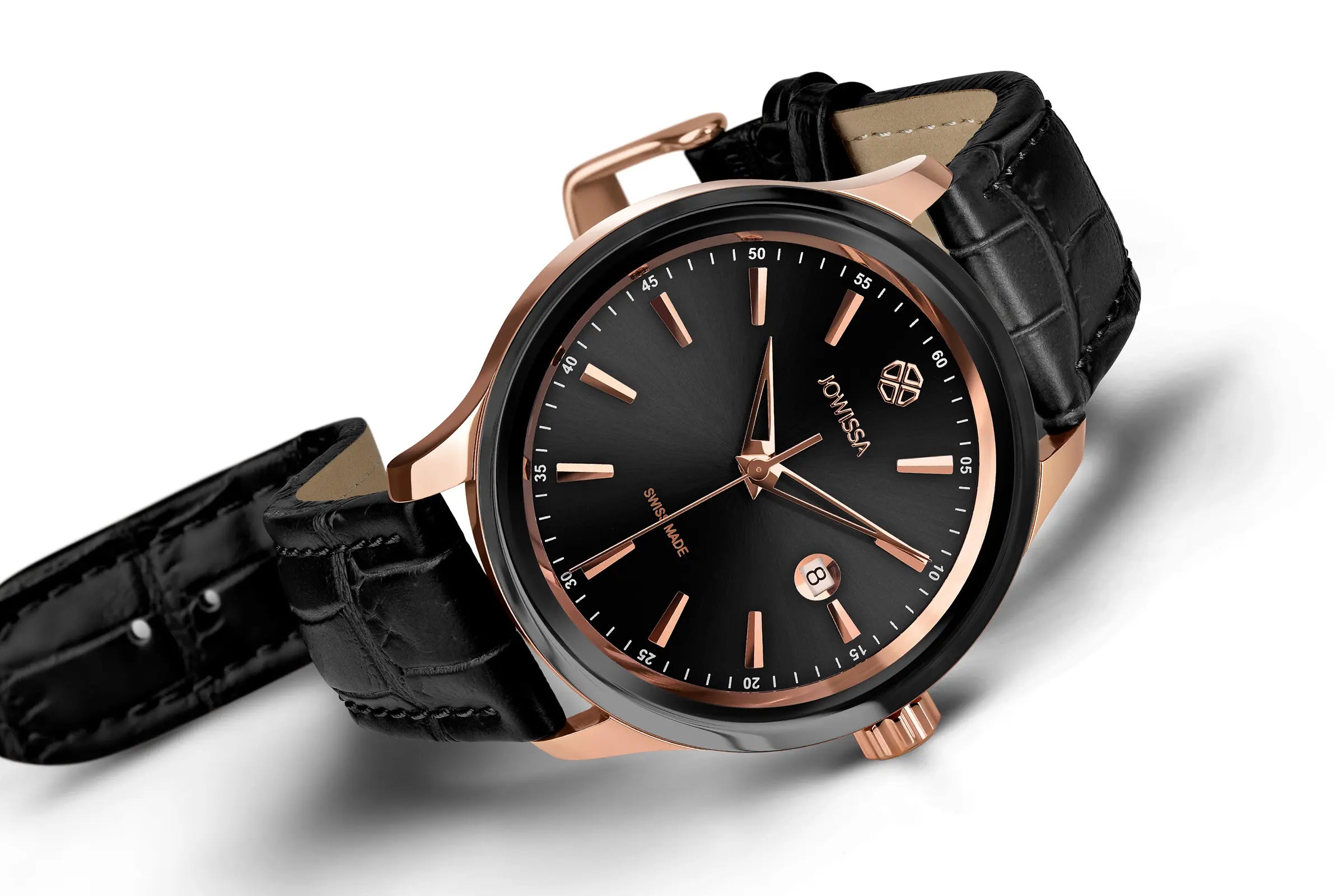 Jowissa Tiro Men's Large Swiss Watch: 45mm Black Dial with Rose Gold Accents and Flat Facet Glass.