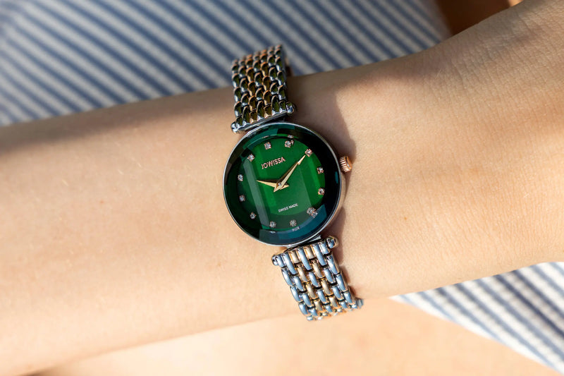 27mm women's watches designed to shine with our signature diamond-cut crystal and sophisticated two-tone Milanese bracelets. Jowissa Crystal Essence Collection Image.