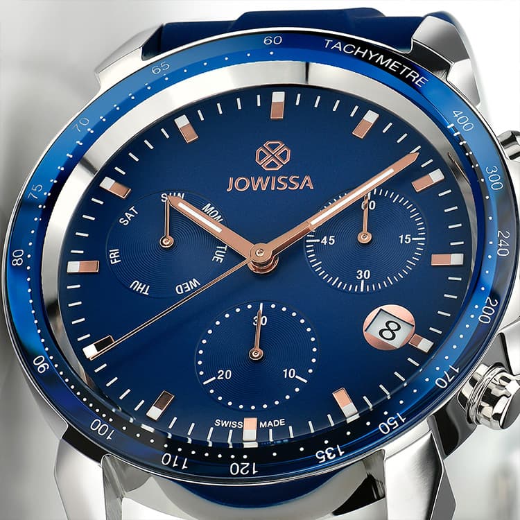 Swiss Made Watches for Men Chronograph LeWy 9 with blue dial, blue bezel and rose gold hands. Made by Jowissa