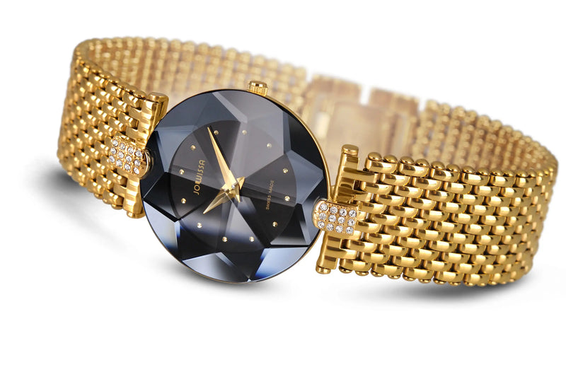 Black and Gold Ladies Watch by Jowissa Facet Strass. Golden Bracelet with black dial and a facetted glass.