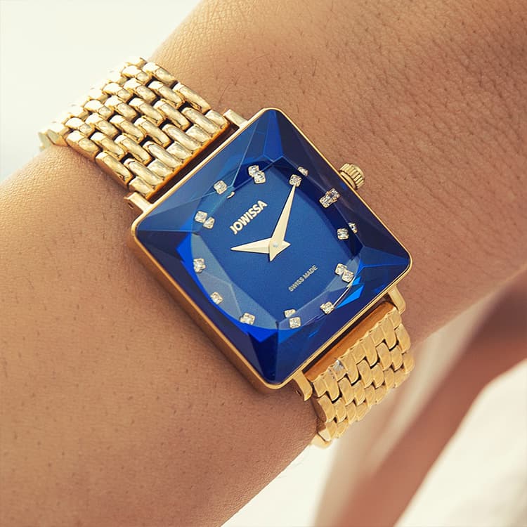 Square Watches for Women of the Jowissa Collection. On this image with blue dial and gold bracelet.
