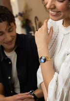 The special Jowissa facet swiss made ladies watch with the blue dial and a special cut combined to a new fashion gold strip.