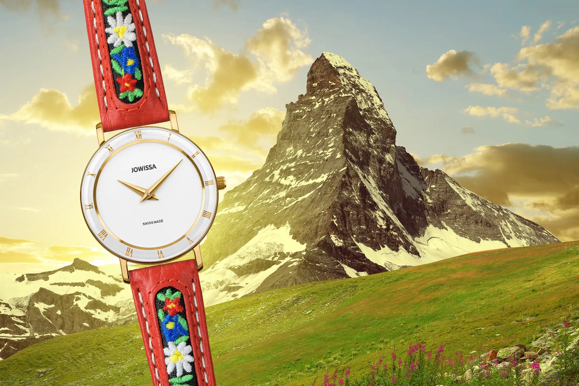 Swiss Folklore by Jowissa: Roma Ethno watches and alpine jewelry celebrating the edelweiss flower and traditional Swiss mountain culture.