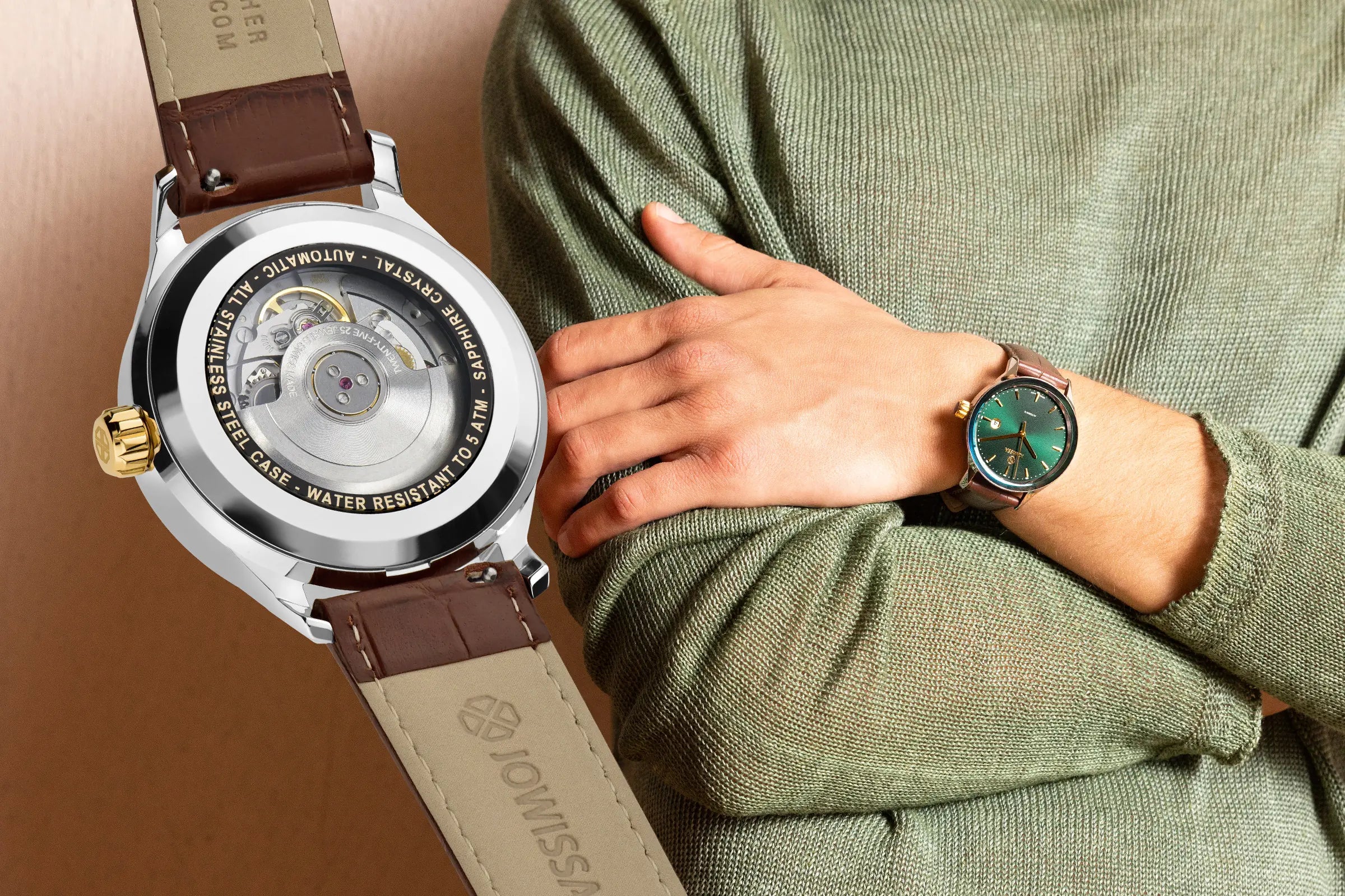 Jowissa Virtuo Men's Swiss Automatic Watch: Mechanical timepiece with a green dial, brown leather band, and scratch-resistant sapphire glass.
