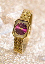 Gold swiss watch for ladies - all swiss made for women with gold strap and purple dial