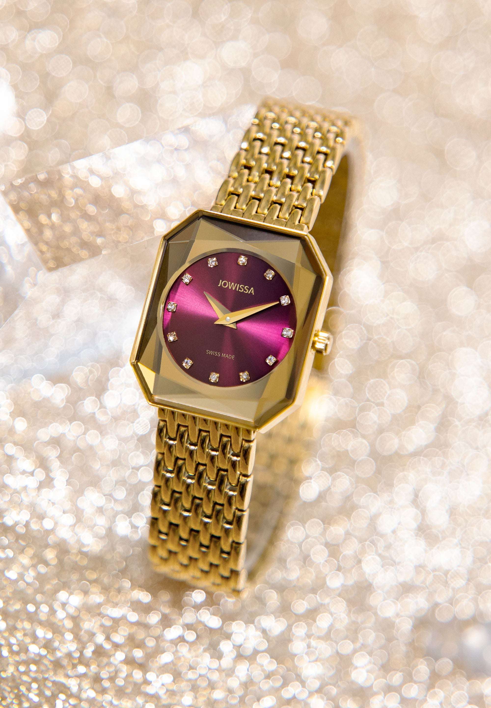 Gold swiss watch for ladies - all swiss made for women with gold strap and purple dial