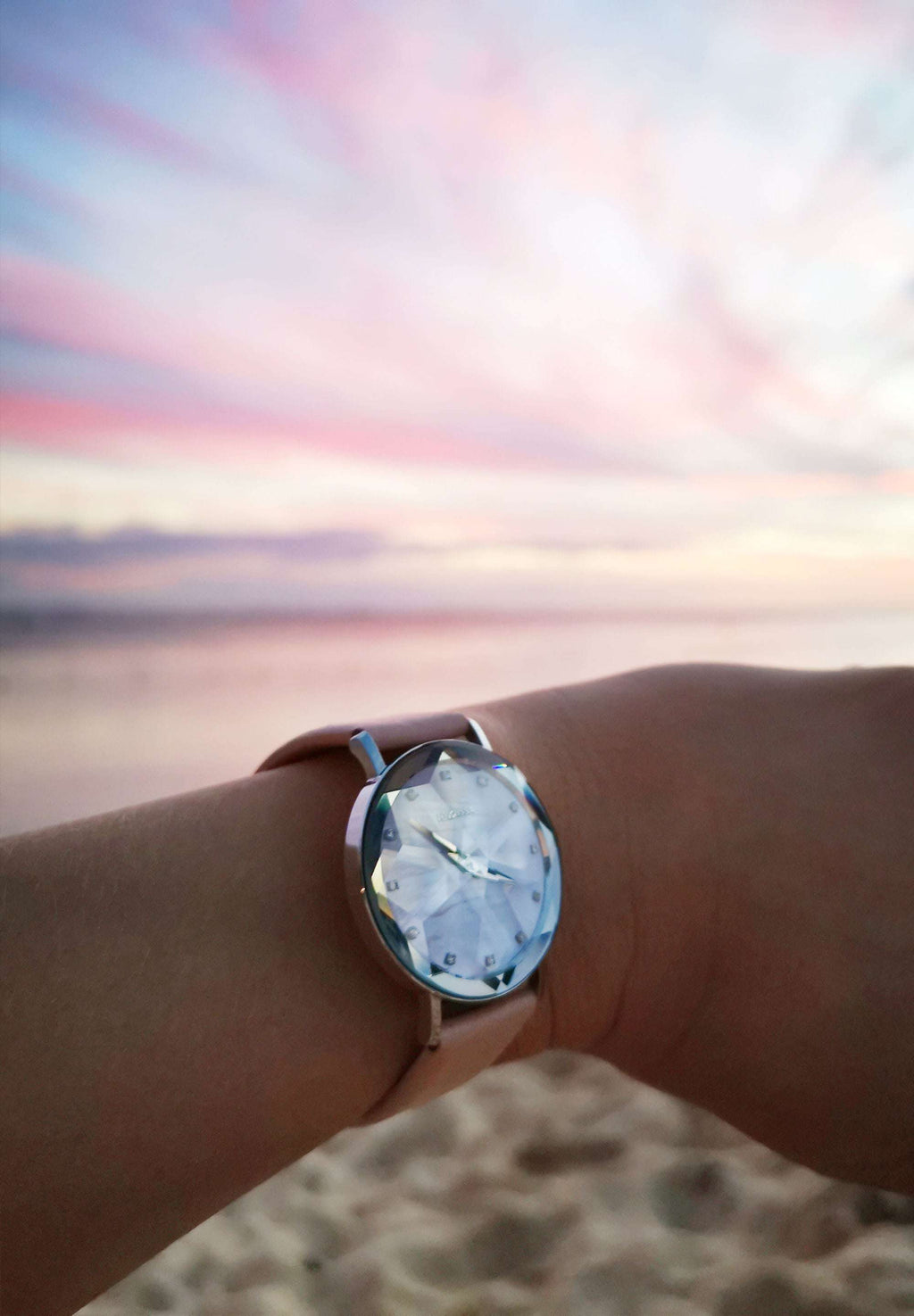 Swiss made watch for women - with facet dial and beige strap - beautiful swiss watch for ladies